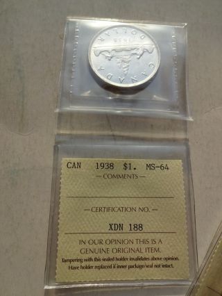1938 Canada Canadian One Silver Dollar Coin Iccs Bu photo