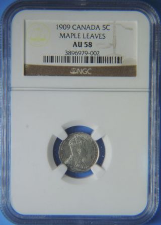 1909 Canada Maple Leaves Edward Vii Silver 5 Cents 5c Ngc Au58 photo