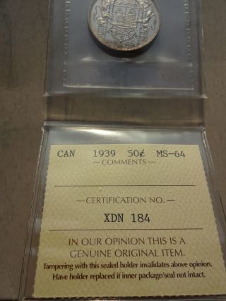 1939 Canada Canadian Fifty 50 Cent Coin Iccs Bu photo