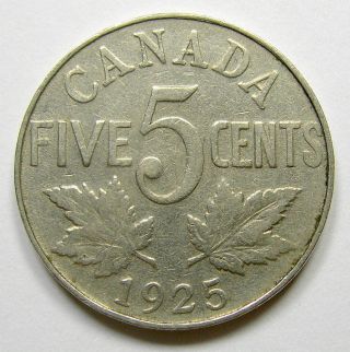 1925 Five Cents F - 12 Most Rare Date Low Mintage Key George V Canada Nickel photo