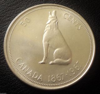 , Silver,  Canada 1967 50 Cents Elizabeth Ii Confederation Howling Wolf photo