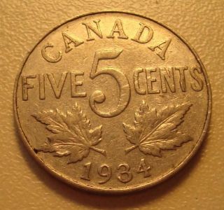 1934 Canada Five Cent Coin - 1934 - 5 Cent Average Circulated Our 02 photo