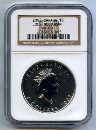 2002 Canada Silver Maple Leaf - Loon Hologram - 1 Oz.  $5 Coin Ngc Sp 69 photo