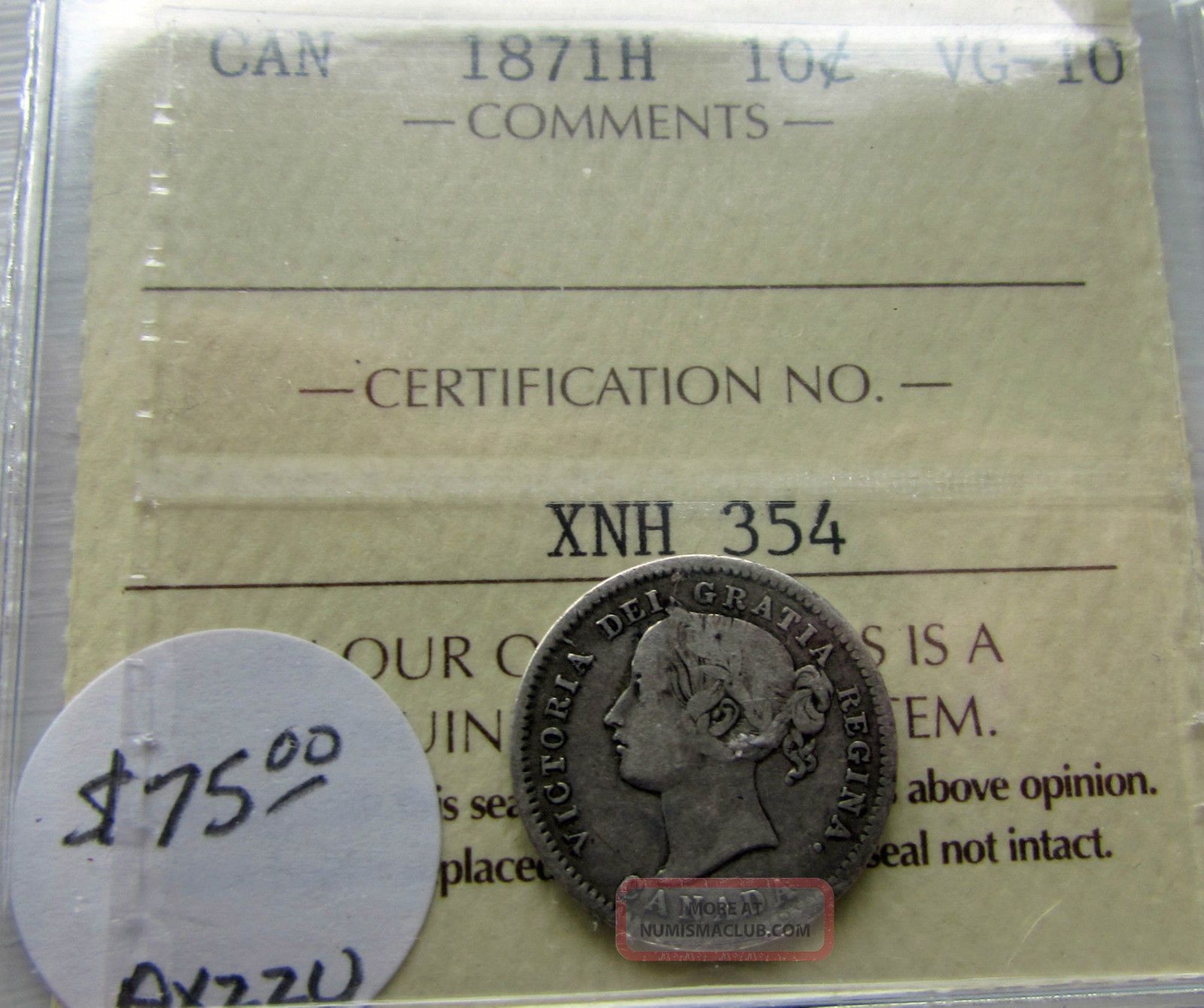 Canada 1871h 1871 H 10 Cents Silver Dime Queen Victoria Graded Iccs Vg 10 Coins: Canada photo