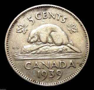 Old,  Canada 1939 5 Cents George Vi Beaver Detail & Patina photo
