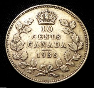 , Canada 1936 10 Cents George V Silver Detail & Patina photo