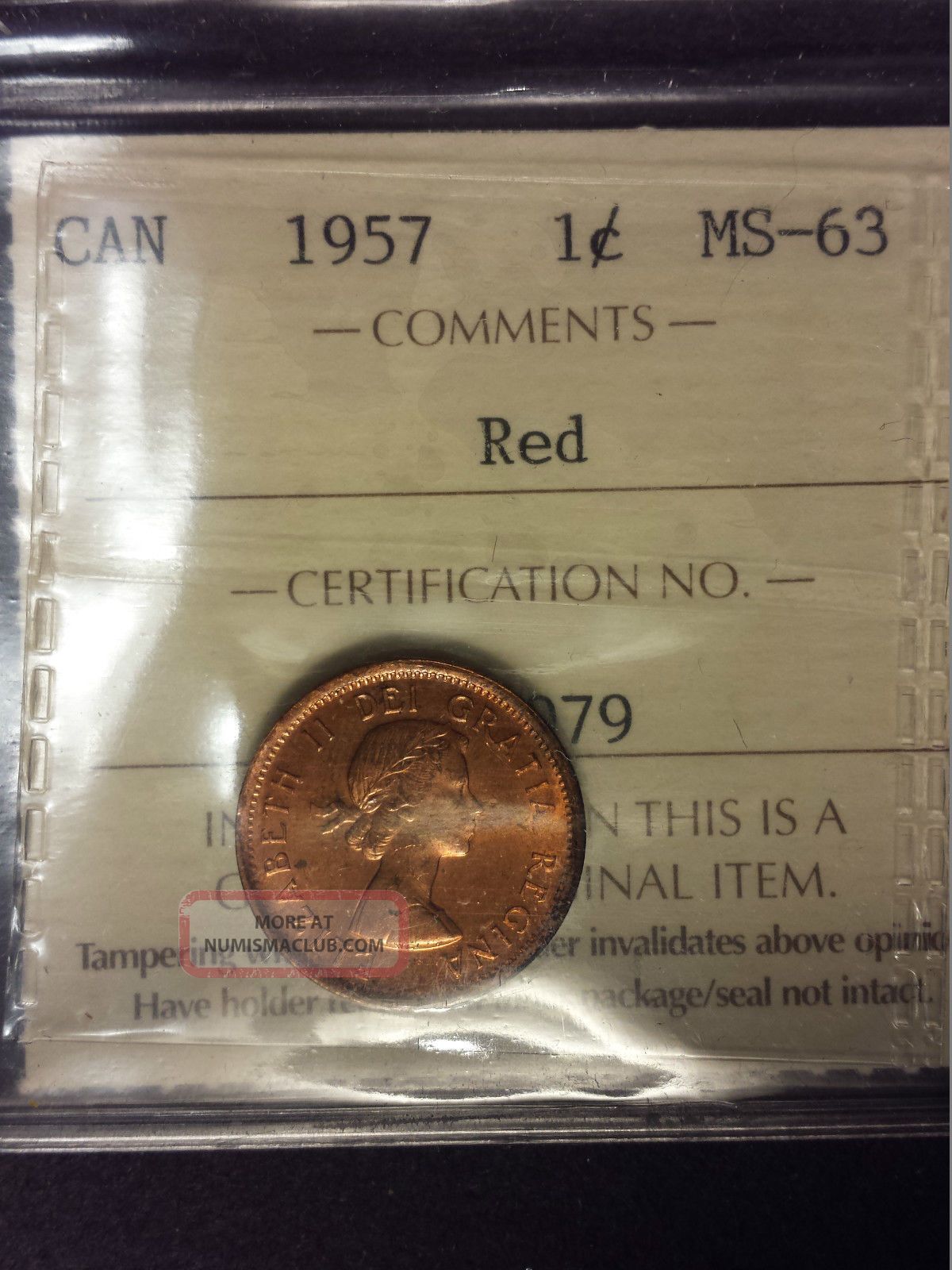 1957 Canada 1 Cent Iccs Ms - 63 Coins: Canada photo