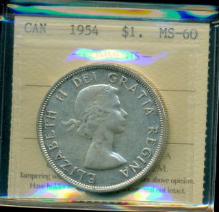 1954 Swl Canada Silver Dollar,  Iccs Certified Ms - 60 photo