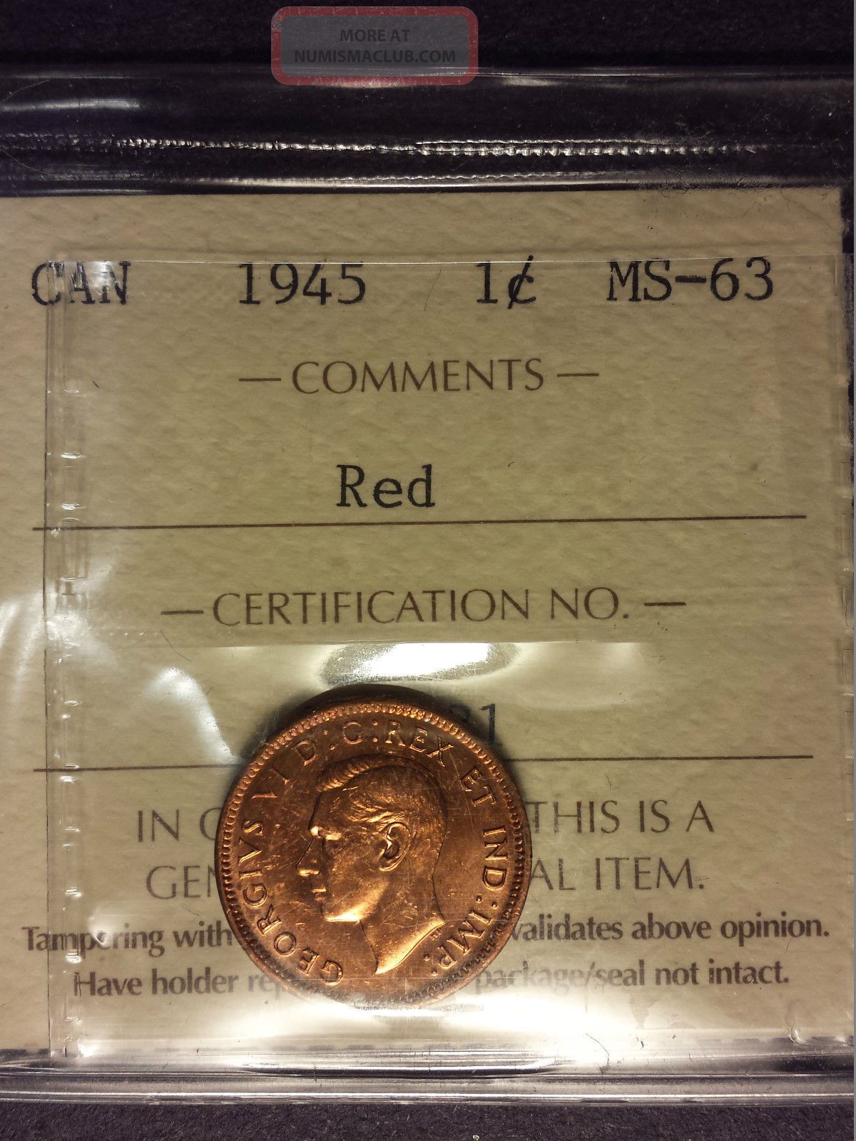 1945 Canada 1 Cent Iccs Ms - 63 Coins: Canada photo