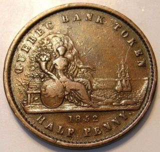1852 Token Of The Province Of Canada Half Penny Quebec Bank Token photo