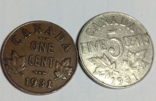 1931 Canada 5 Cent And Small Cent - photo