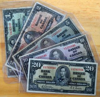 1937 Bank Of Canada Bills - $1 $2 $5 $10 $20 photo