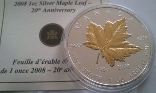 2008 Canada - $5 Maple Leaf 20th Anniversary 1 Oz Fine.  9999 Silver Gilded Gold photo