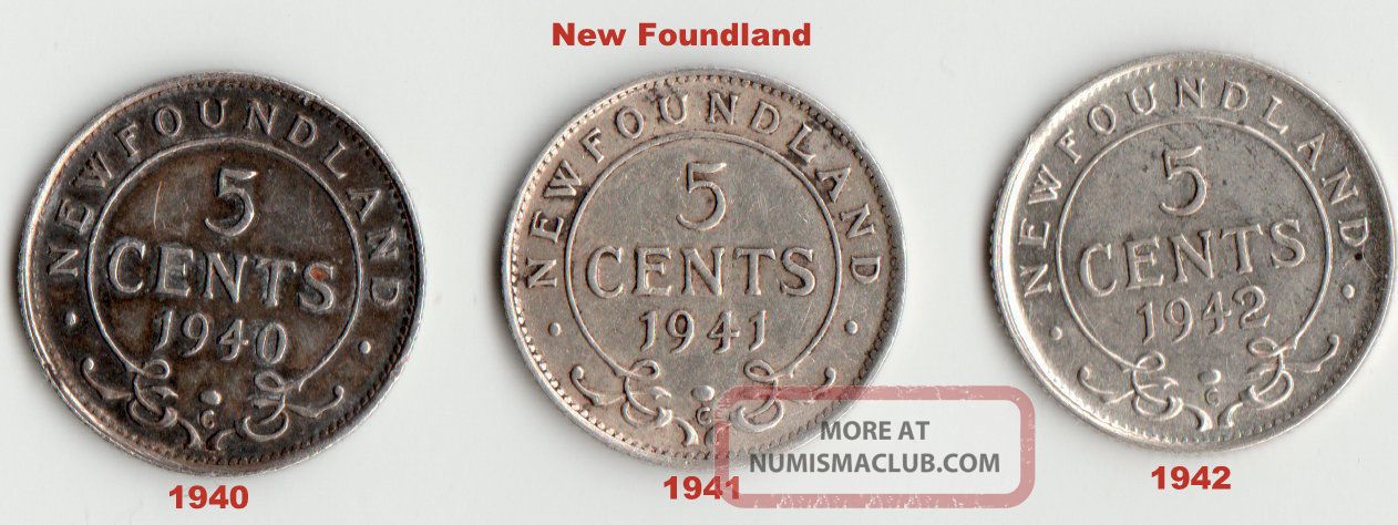 1940,  1941,  1942 - Newfoundland 5 Cents.  925 Silver.  Pre - Confederation Canada Coins: Canada photo