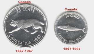 1867 - 1967 Canada,  Quarter,  Dime - Silver Proof Confederation Centennial photo