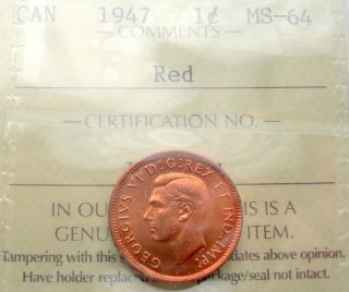 1947 Small Cent Iccs Ms - 64 Red & Lustrous Agem Brilliant Unc Penny photo