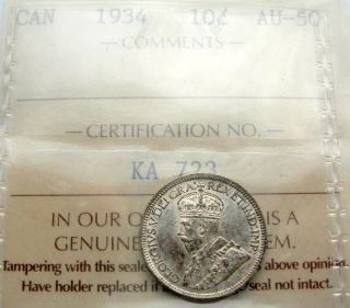 1934 Ten Cents Iccs Au - 50 Scarce Date Low Mintage Key George V Dime photo