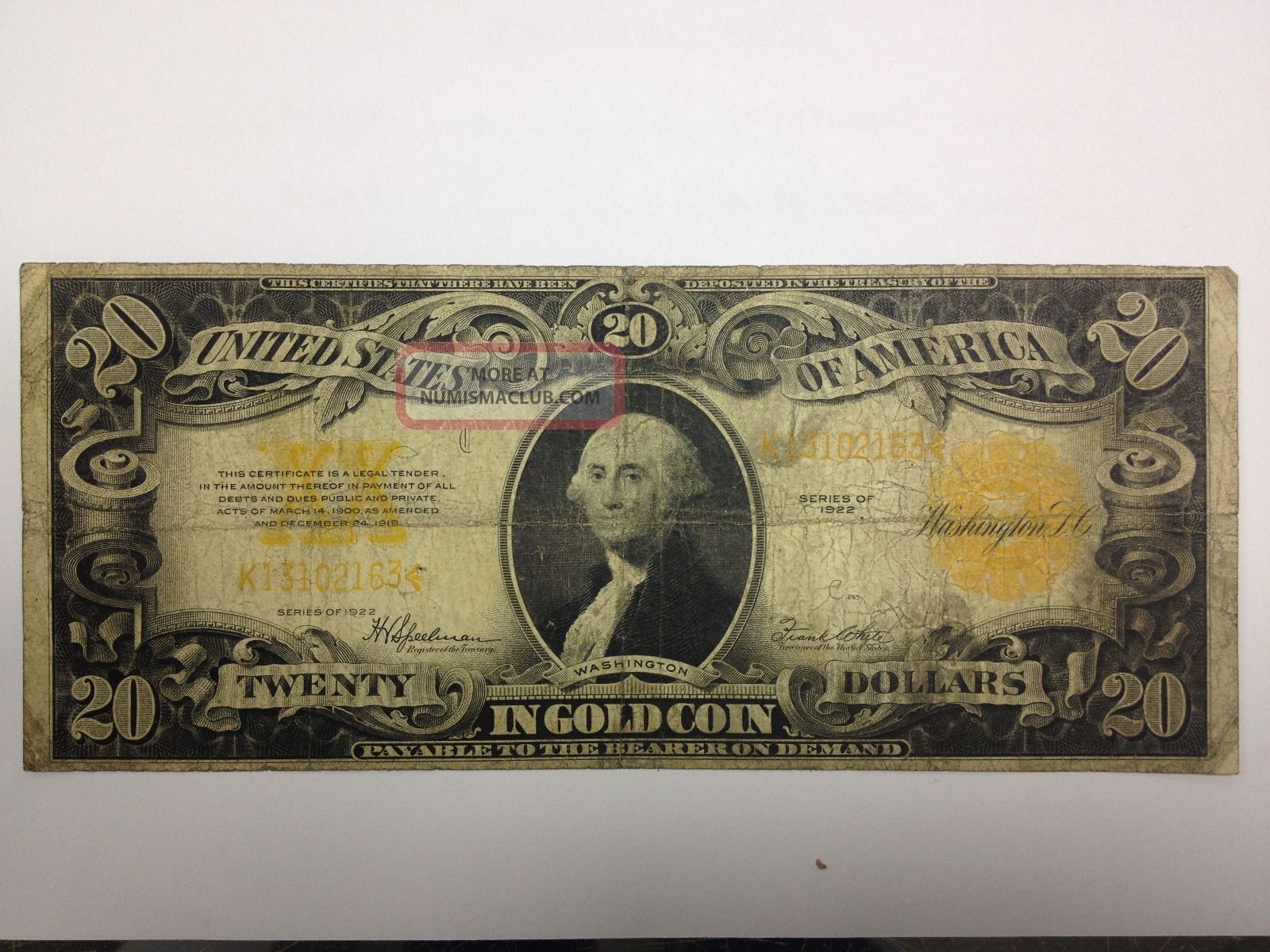 1922 $20 Gold Certificate - Large Size Currency Note - Speelman/white Large Size Notes photo