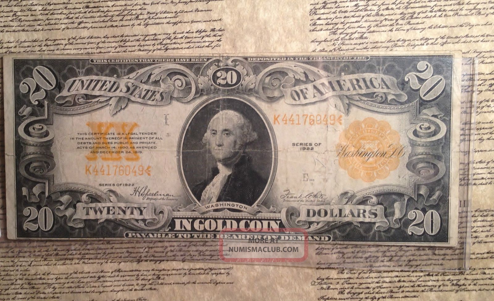 1922 $20 Gold Certificate Twenty Dollars Large Size Notes photo