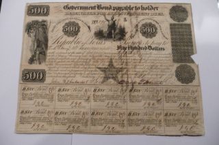 Republic Of Texas 1841 $500 Bond S/n 890 David G Burnet Endorsed photo