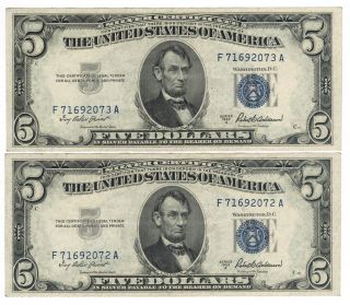 Two (2) Consecutive Uncirculated 1953a $5 Five Dollar Silver Certificates Fr 1656 photo