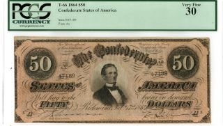 1864 $50 T - 66 Confederate Note Pcgs Very Fine 30 photo