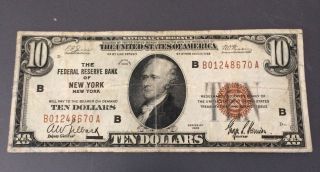 10 Ten Dollar Federal Reserve Bank Note York Brown Seal 1929 B01248670a photo
