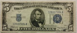 1934 - A $5.  00 Silver Certificate Blue Seal Note Five Dollar Bill Look photo