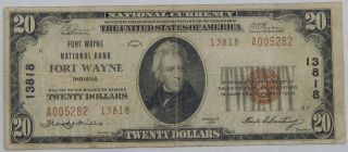 Fort Wayne National Bank Indiana $20 1929 National Currency C986 photo