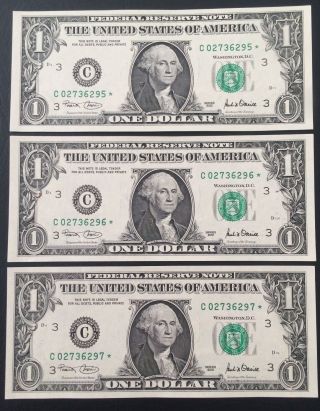 Star Note 3 X $1 Dollar Bill,  Crisp,  Consecutive,  Uncirculated Gem 2001 photo