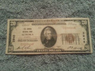 1929 $20 U.  S.  Twenty Dollar Aurora Nat.  Bank Aurora Il Low ' C ' Series No Holes photo