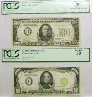 1934 $1000 & 1934 $500 Pcgs Certified 1 Bid Wins Both See Photos photo