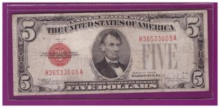 1928e 5 Dollar Bill Old Us Note Legal Tender Paper Money Currency Red Seal L274 photo