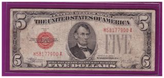 1928e 5 Dollar Bill Old Us Note Legal Tender Paper Money Currency Red Seal L259 photo