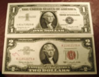 1953 Two Dollar Red Seal $2 Bill A 1953 $1.  00 Silver Certificate S/h photo