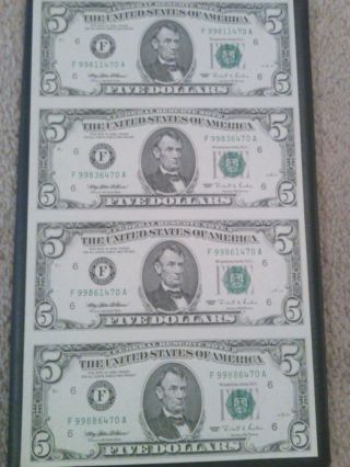 Uncut Sheet Of $5 Five Dollar Bills X 4 Crisp Uncirculated photo