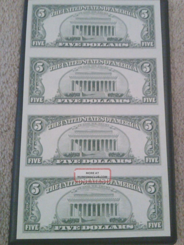 Uncut Sheet Of $5 Five Dollar Bills X 4 Crisp Uncirculated