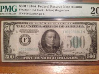1934a $500 Dollar Bill Fr.  2202 - F (fa Block) Atlanta Pmg 20 Very Fine photo