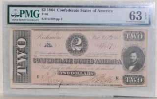 T - 70 $2 1864 Confederate States Of America Ch.  Unc 63 Epq Pmg photo
