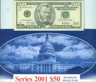 Series 2001 $50 Richmond Va Single Star Federal Reserve Note photo