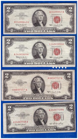 (4) 2 - 1953& 2 - 1963 Old Us Note Legal Tender Paper Money Currency Red Seal C - 55 photo