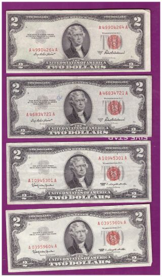 (4) 2 - 1953& 2 - 1963 Old Us Note Legal Tender Paper Money Currency Red Seal L26 photo