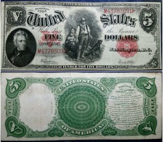 1907 $5 Woodchopper Us Legal Tender Large Size Colorful Currency Note photo