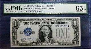 1928 - A $1 Gem Pmg - 65 Funny Back Silver Certificate Gem Unc Epq Currency Note photo