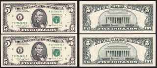 2 X Consecutive Frn 1988 - A Atlanta $5.  00 Dollar Bills Crisp Unc photo