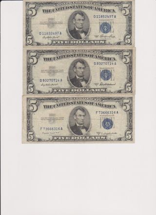 1953,  A,  B Blue Seal $5.  00 Silver Certificate Rare Old Cash Rare Us Money Currency photo