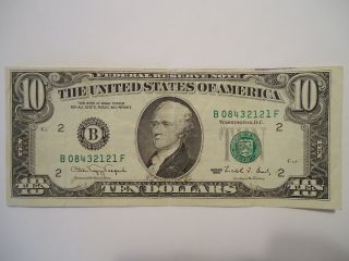 Old 1990 $10 Ten Yor Federal Reserve Note Bill B08432121f Come In Toploader photo