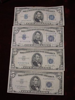 1934a,  1934c 1953 And 1953a $5 Silver Certificates Very Fine photo