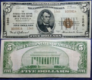 1929 $5 Pittsfield Third National Bank Massachusetts Type 2 Currency Note 1260 photo