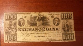 The Exchange Bank Of Virginia Va $100 Banknote Norfolk photo